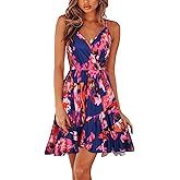ULTRANICE Womens Summer Dresses Floral V Neck Ruffled Hem Spaghetti Spring Casual Beach Outfits Flowy Wrap Sun Dress