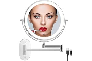 FUNTOUCH 5000mAh Rechargeable Wall Mounted Lighted Makeup Vanity Mirrors, Double Sided 1X 30X Magnifying, 3 Color Lighting, Touch Screen Dimming, Extended Arm 360 Rotation Shaving Bathroom Mirror