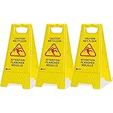 Berry 60 CM Caution Wet Floor Sign | Bilingual Plastic Floor Warning Sign | Yellow Two Side Foldable Attention Plancher Mouil