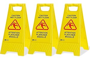 Berry 60 CM Caution Wet Floor Sign | Bilingual Plastic Floor Warning Sign | Yellow Two Side Foldable Attention Plancher Mouil