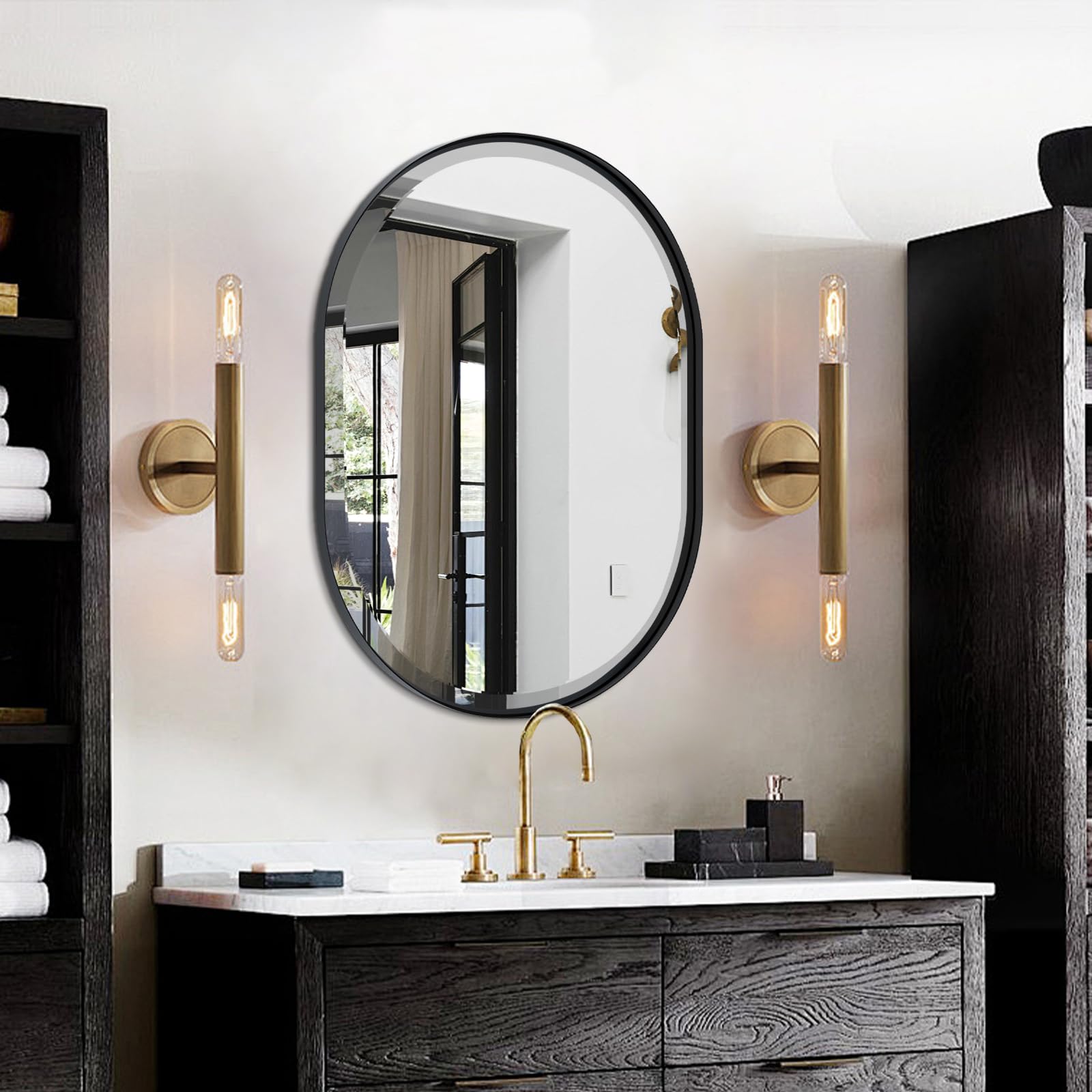 POZINO Black Oval Mirror, Beveled Scalloped Mirror, 22