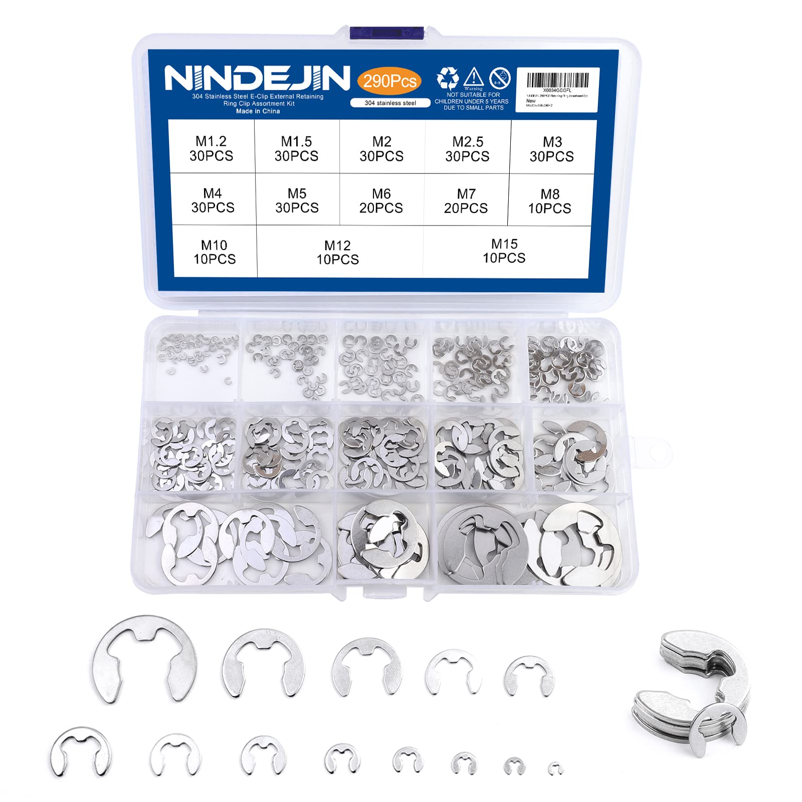 NINDEJIN E-Clip Retaining Rings Assortment Set, 304 Stainless Steel External Snap Ring Clip Kit, 1.2-15mm(13Sizes)E Circlip Retainer Rings for Projects–Car Engines, Locking Mechanisms and Other Shafts