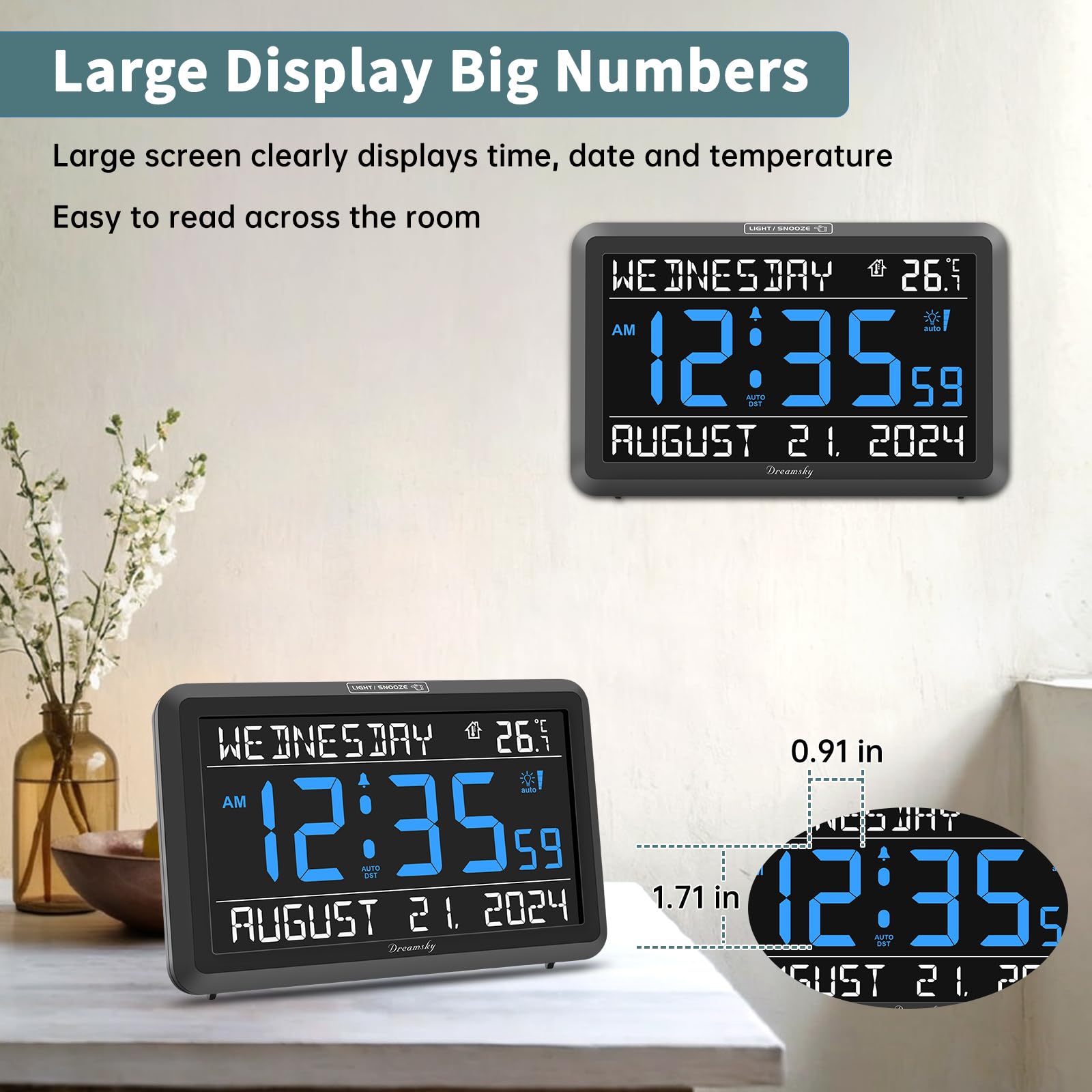 DreamSky Large Digital Clock with Date and Day of Week - Electric Desk Clock for Seniors Elderly, Bedroom Alarm Clock with Battery Backup, Dimmer, USB Port, Auto DST, Temperature, Adjustable Volume