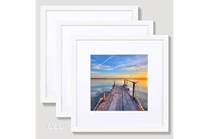 Hongkee 12x12 White Picture Frame set of 3, Made of Real Glass and Wooden Square Photo frame - Displays Picture 8x8 With Mat or 12 x 12 Without Mat, Desktop & Wall Collage Photo Frame