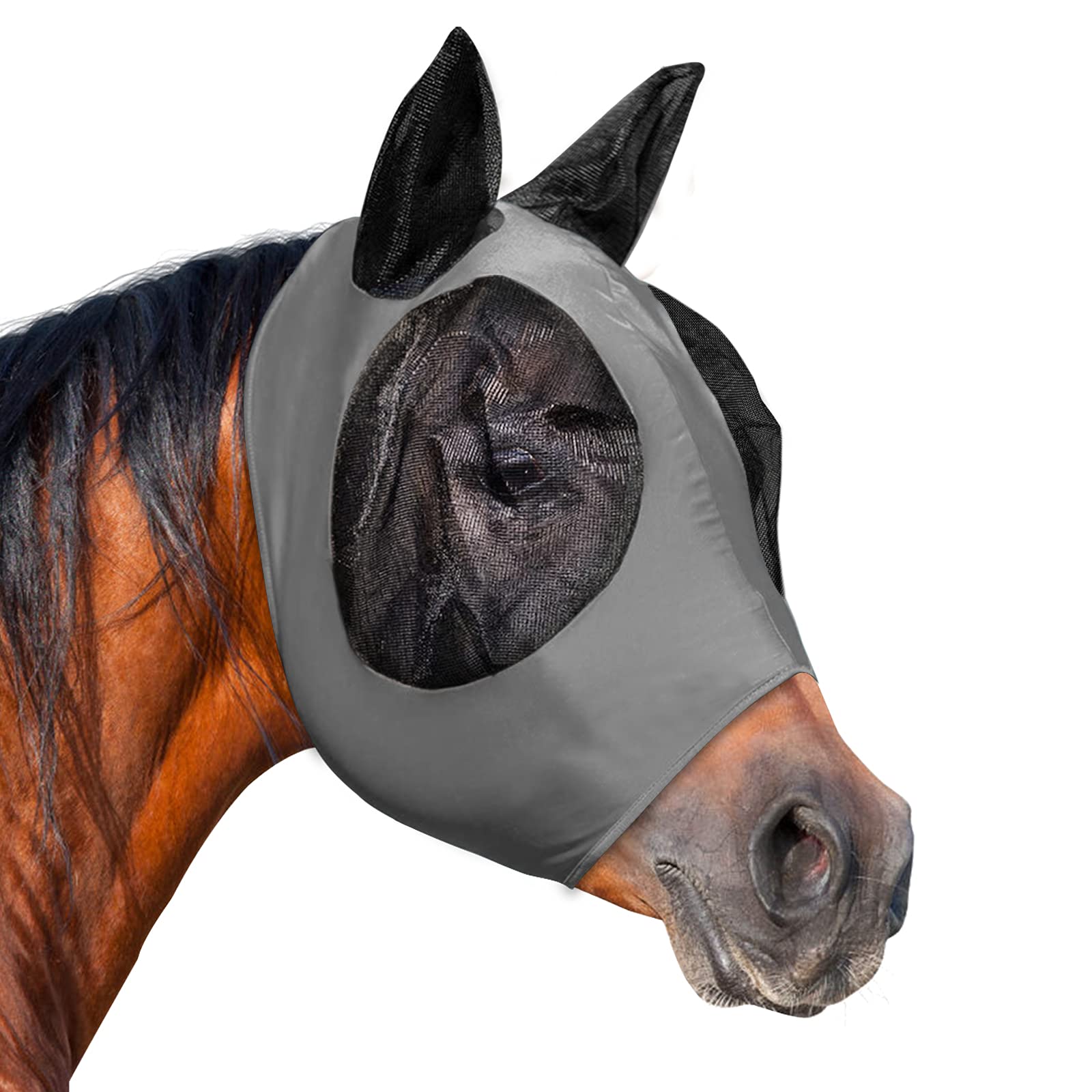 Horse Fly Mask, Fly Masks for Horses with Ears, Smooth & Elasticity Lycra Fly Mask, Avoid Equine Fly and UV Protection, Full Size for Cob, Horse (Grey, Full (Large))