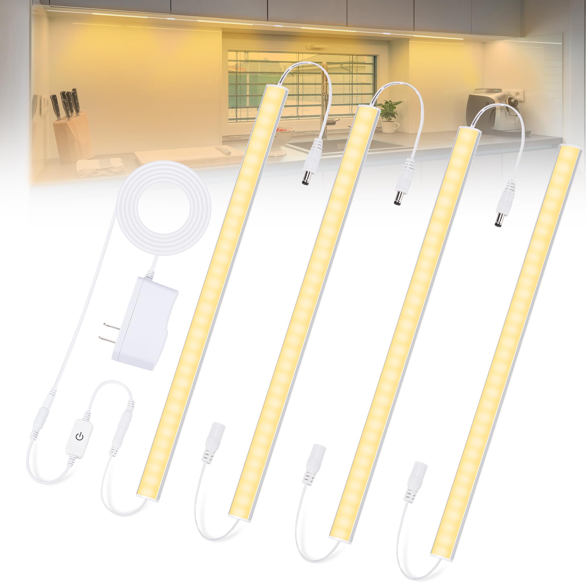 Photo 1 of ***BRIGHT WHITE***
JUSJUBR Under Counter Lights for Kitchen, 4pcs 12 Inch Warm White 3000K Dimmable LED Under Cabinet Lighting with Memory Function, Under Cabinet Lights Plug-in, LED Light Bar for Closet