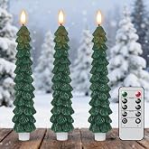 Green Christmas Tree Flameless Taper Candles Battery Operated Remote Timer | Real Wax 3D Wick Flicker Flame, LED Tree Candlesticks, 2/4/6/8H Timer, Christmas Holiday Home Decor, 0.78&times;9.8in, 3 pack