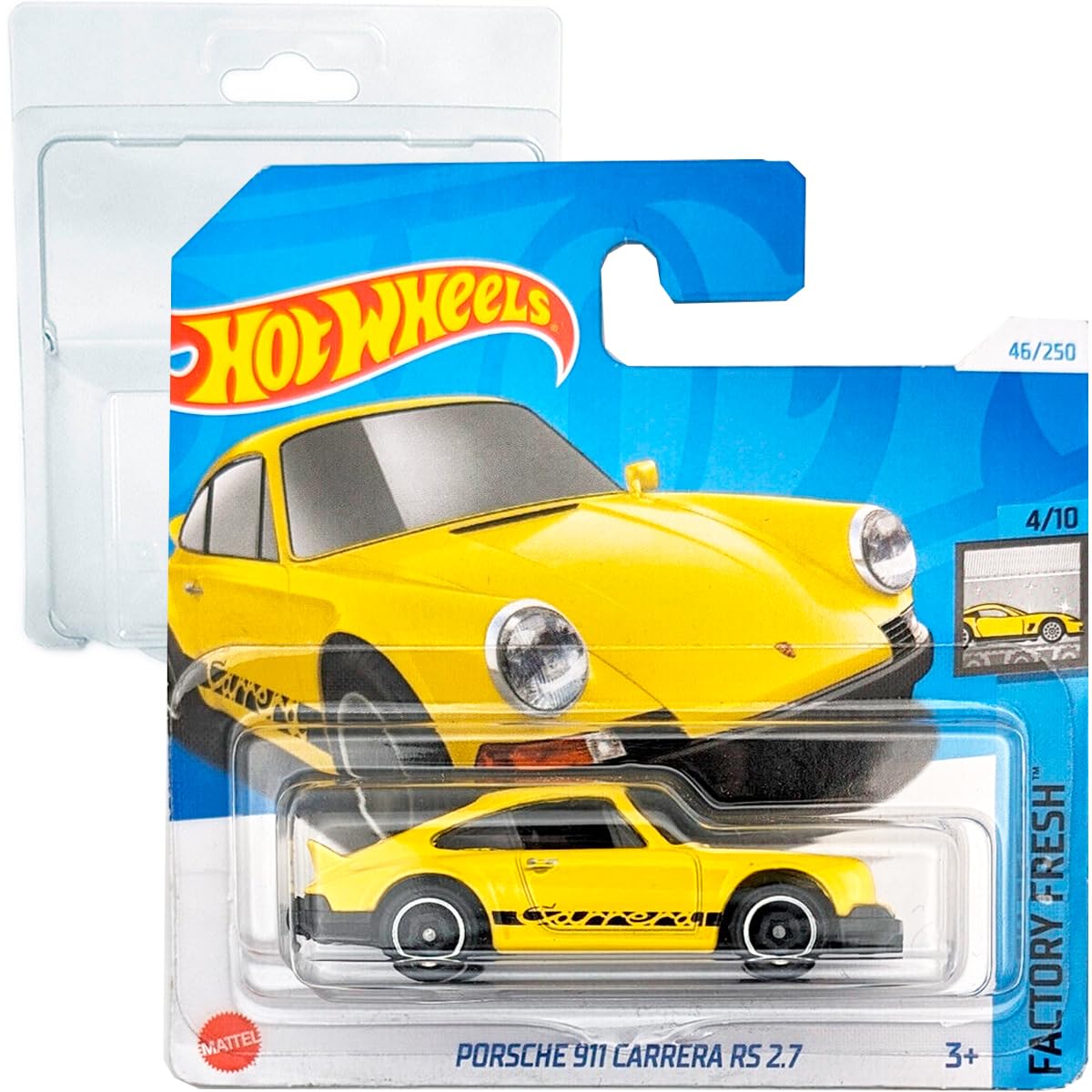 Hot Wheels Porsche 911 Carrera RS 2.7 Factory Fresh 4/10 (46/250) HTC49 Yellow 2024 + Protector Short Card Frikimonkey