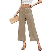 Famulily Womens Linen Pants for Summer Button Down Wide Leg Cropped Pants Casual Capri Pants with Pockets