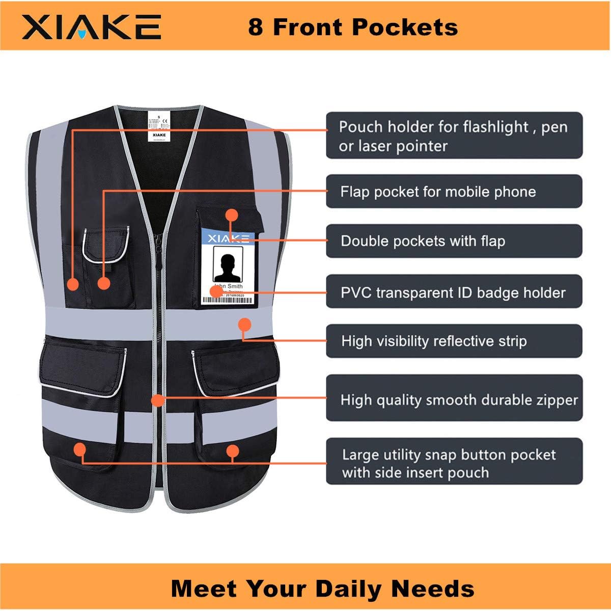 XIAKE 8 Pockets High Visibility Reflective Safety Vest, Zipper Front, ANSI/ISEA Standards, Black, Large - - 
