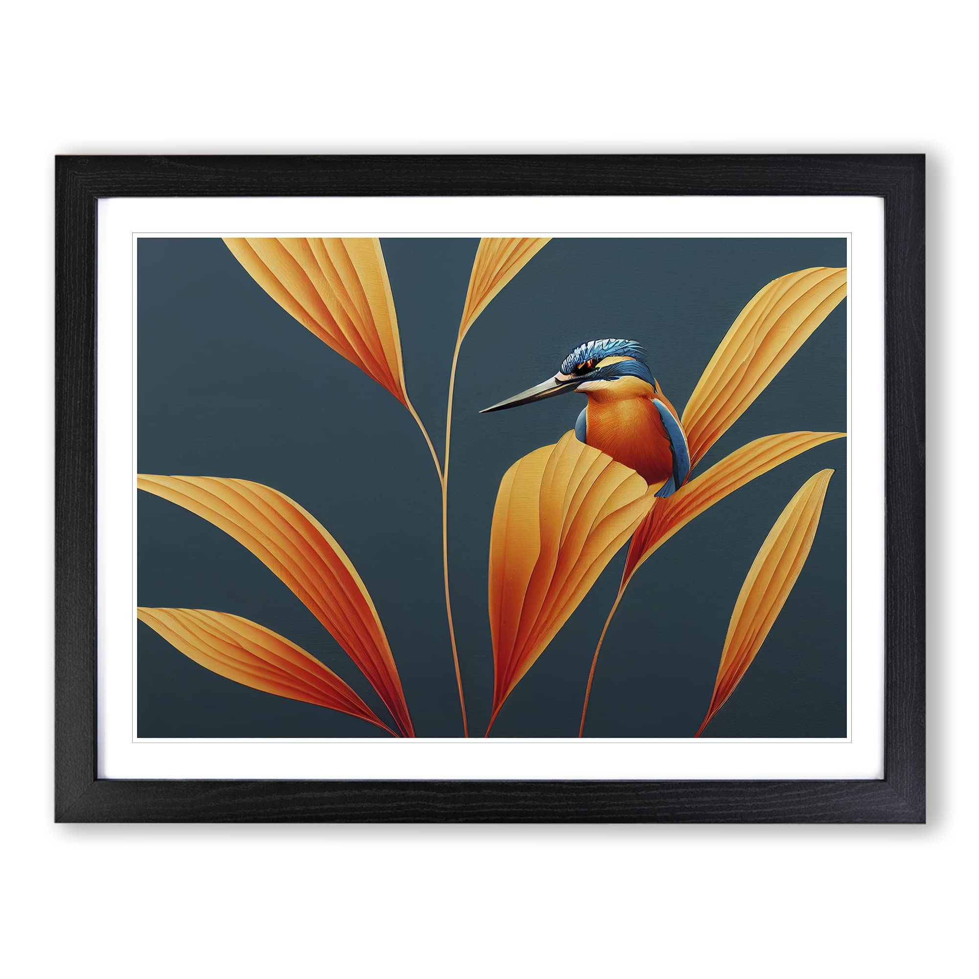 Kingfisher Art Deco Framed Print | A4 Black Framed Wall Art | Ready to Hang | Art Deco Nature Picture | Living Room Bedroom Lounge Office