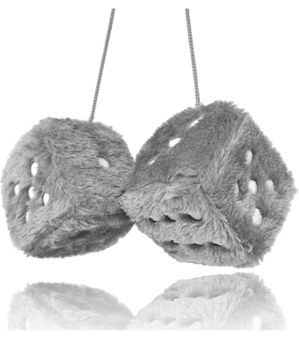 Pair Of 3" Hot Stamped Polka Dot Fuzzy Plush Dice – Car Rearview Mirror Hanging Decor, White, Easy Install - View #2