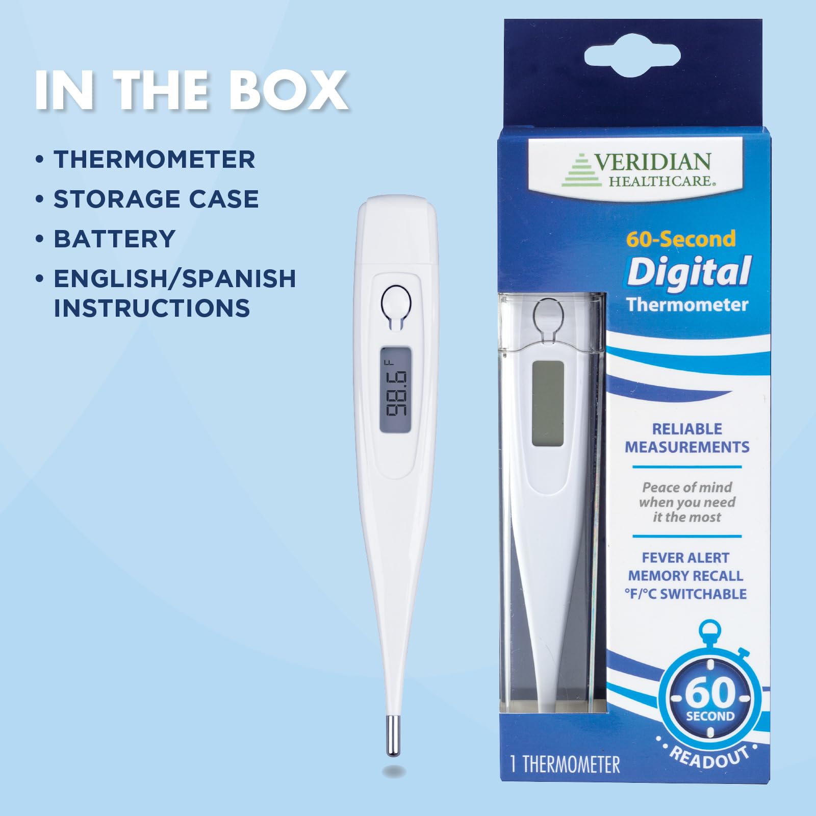 Veridian Digital Thermometer | 60-Second Readout | Fever Alert + Memory Recall| Clinical Rigid Tip | Hygienic Water-Resistant Easy Cleaning | Storage Case + Probe Covers Included