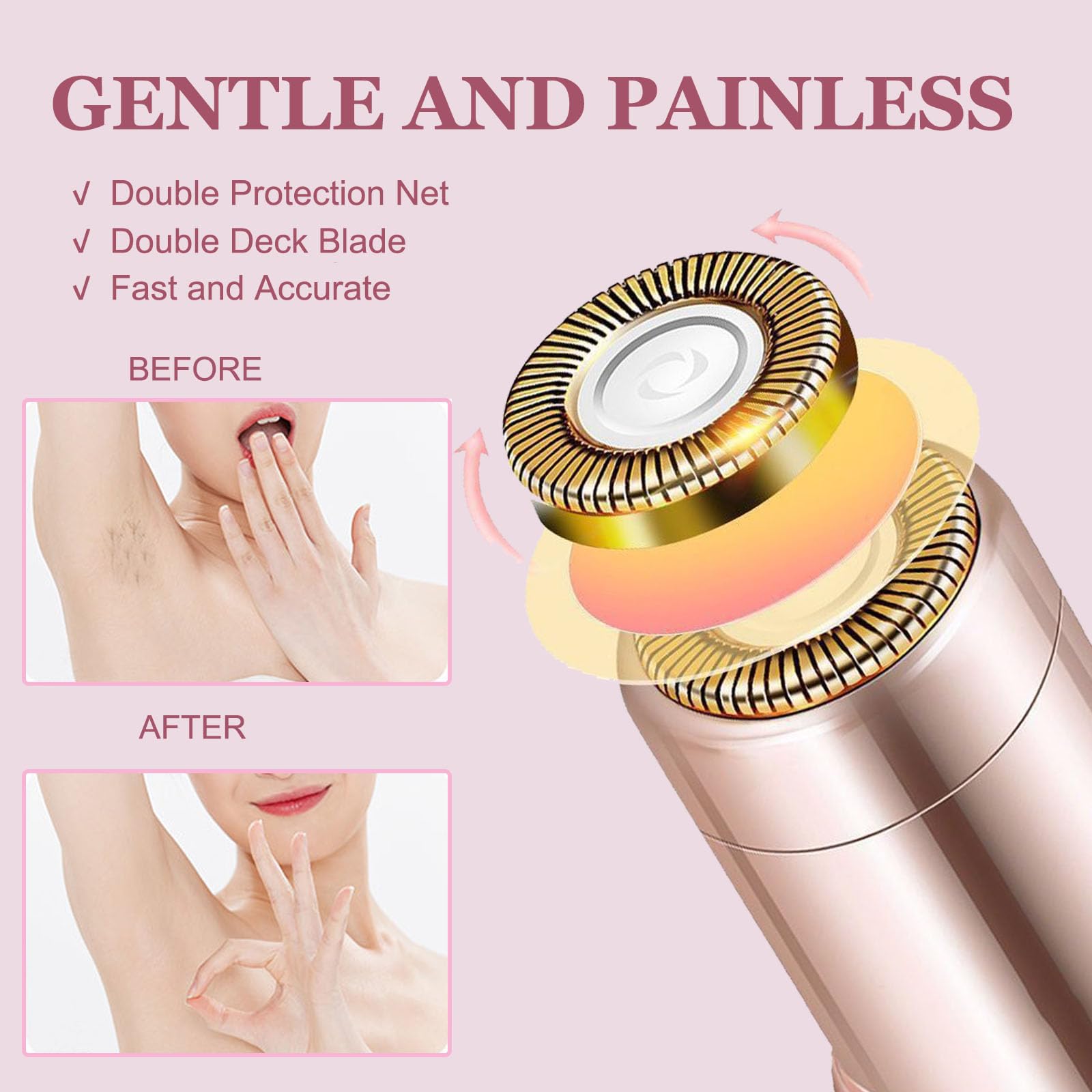 Women Facial Hair Removal Device, Electric Face Shaver, Portable Face Razor, Rechargeable Painless Hair Remover with 3 Replacement Heads for Face, Upper Lip Chin (Rose Gold)
