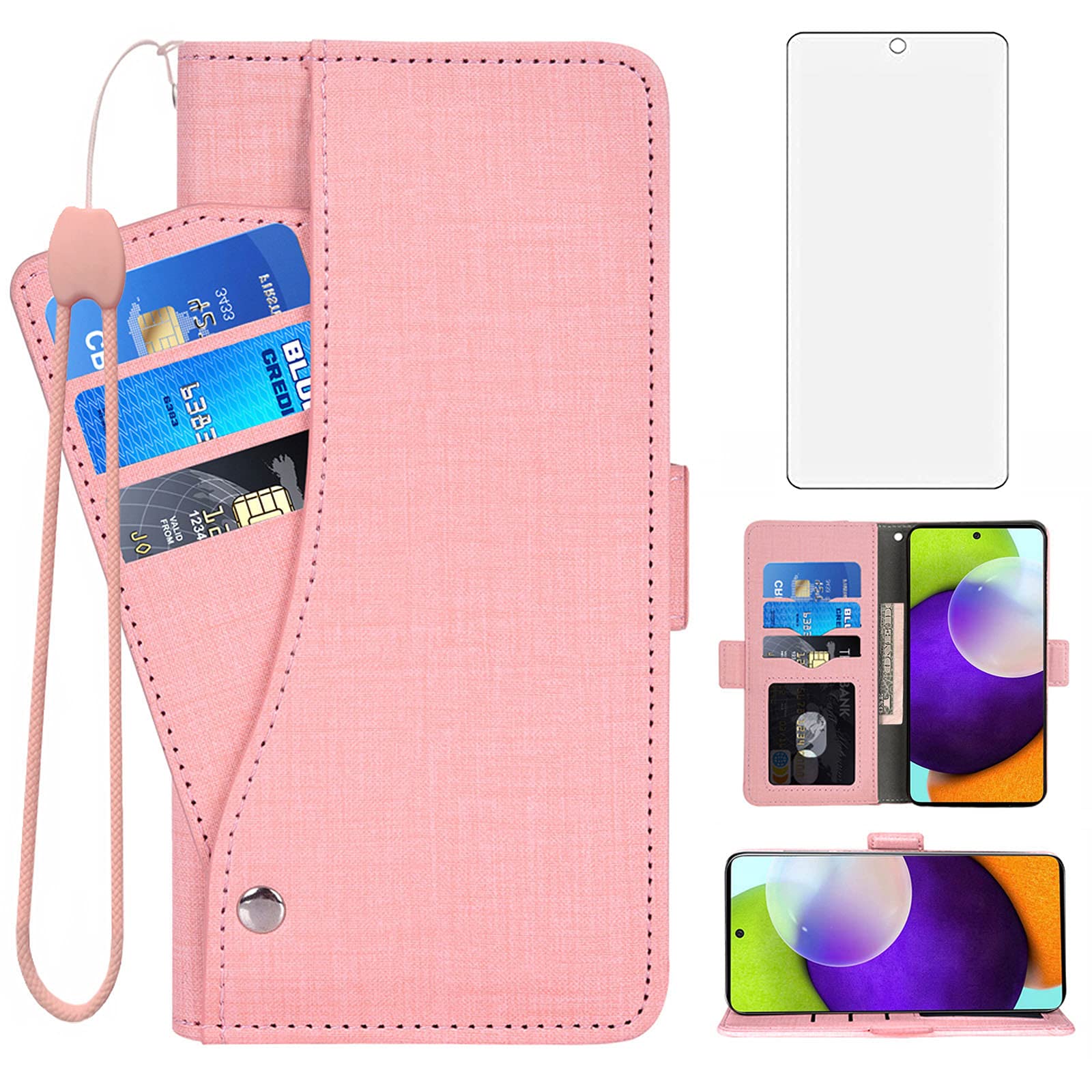 Asuwish Compatible with Samsung Galaxy A52 5G/4G Wallet Case Tempered Glass Screen Protector and Leather Flip Cover Card Holder Stand Cell Phone Cases for Glaxay A 52 G5 Gaxaly 52A S52 Women Men Pink