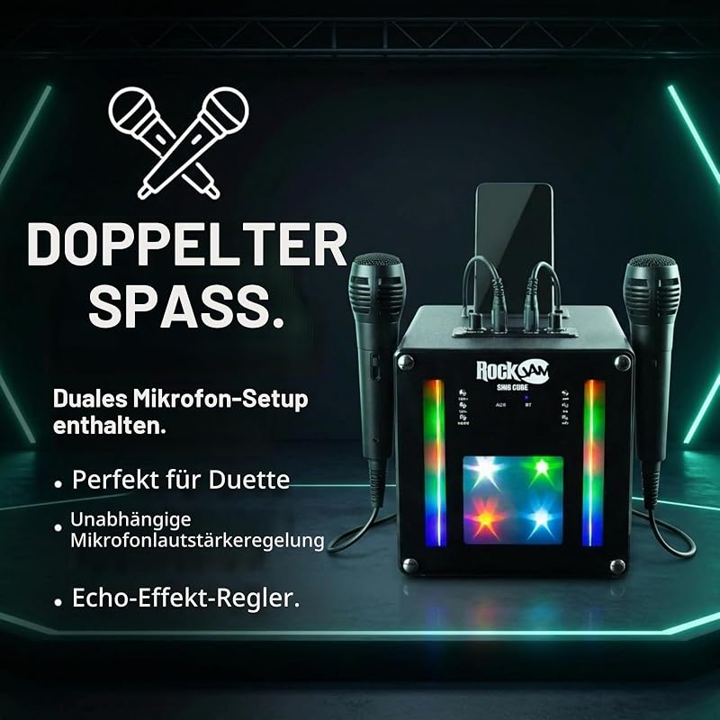 Singcube 5-Watt Rechargeable Bluetooth Karaoke Machine with Two Microphones, Voice Changing Effects & LED Lights