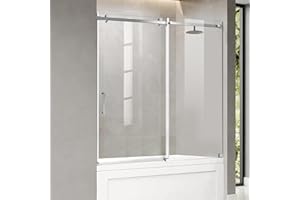 PHMUNY 56-60" W x 62" H Frameless Sliding Tub Door, Sliding Shower Door with Seal Strip Bypass Bathtub Door with 5/16"(8mm) Clear Tempered Glass, Single Smooth Sliding Glass Door in Silver