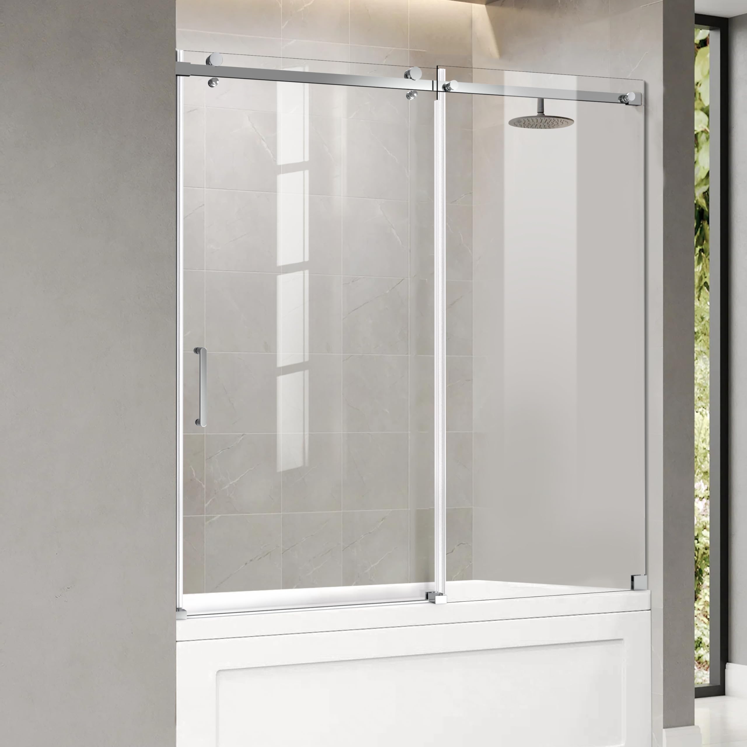 Photo 1 of ***(DAMAGE BOX RIPPED/TORN -OPEN BOX)*** PHMUNY 56-60" W x 62" H Frameless Sliding Tub Door, Silver Sliding Shower Door with Seal Strip Bypass Bathtub Door with 8mm Clear Tempered Glass