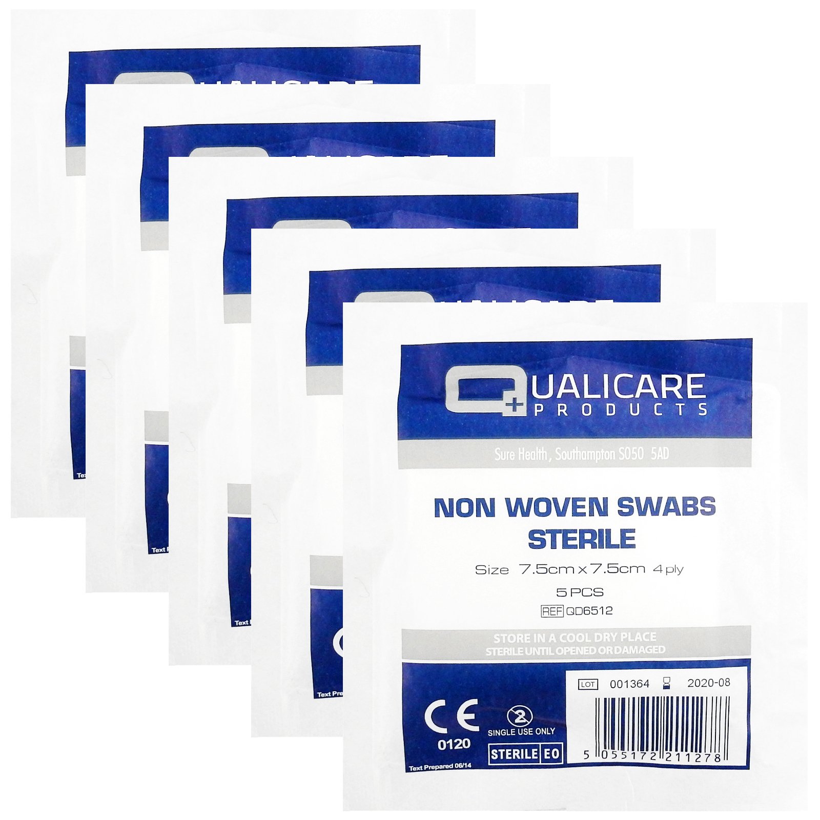 Qualicare None Woven 4PLY Sterile Gauze Medical Swabs Single Pack, 7.5cm x 7.5cm Sqaure - 5 Pack (25 Swabs)