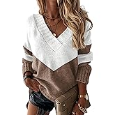 Pullover Sweaters for Women 2026 Trendy Spring V Neck Long Sleeve Color Block Lightweight Casual Knit Tops