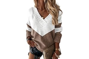 Femfady Women Sweater Fall V Neck Color Block Pullover Long Sleeve Knit Cute Cozy Tops