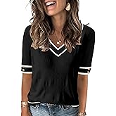 AKEWEI Womens V Neck Sweater Short Sleeve Lightweight Knit Spring Summer Tops with Decorative Buttons