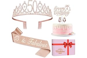 JUESLY 50th Birthday Gifts for Women, Including Crown/Tiara, Sash, cake topper and Candles For decorations