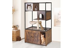 SUUMERPETY Cat Litter Box Enclosure,Hidden Litter Box Furniture with Metal Frame,Wooden Kitty House with Barn Door,Wooden Cat Washroom Furniture,Fit Most of Litter Box (Wood, M)