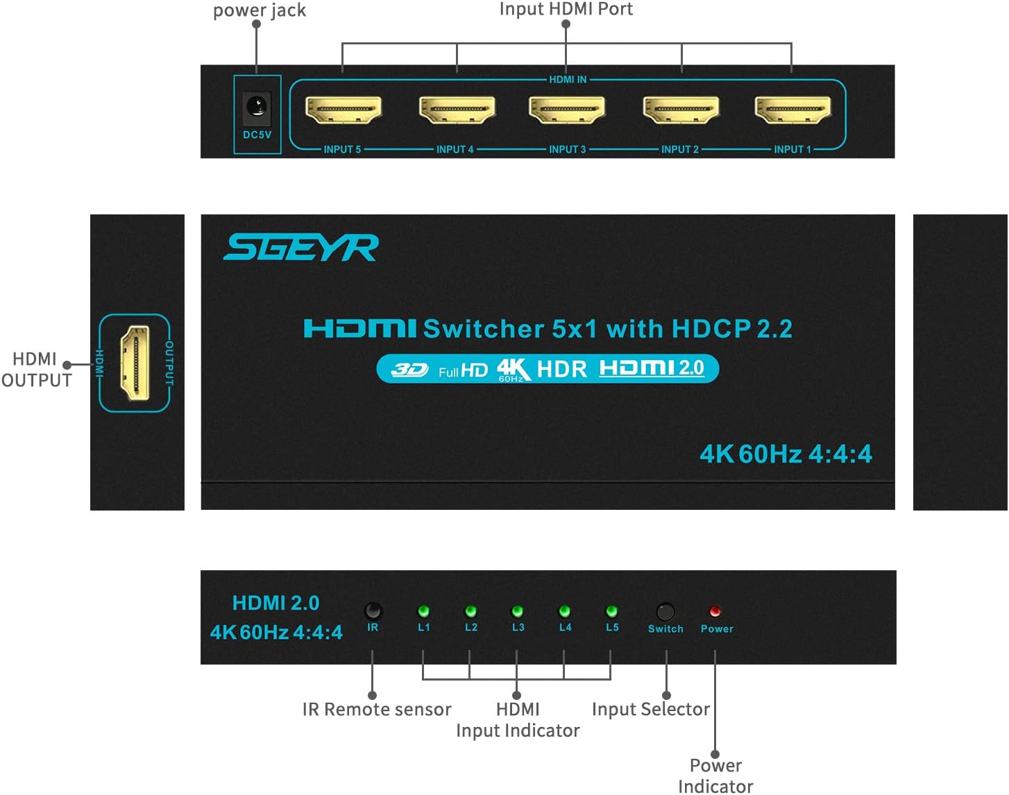 SGEYR 4K@60Hz 5x1 HDMI Switch HDMI Selector Switch 5 Port HDR IR Remote 4K HDMI Selector Box 5 in 1 Out Auto Switch HDMI Switcher 2.0 HDCP 2.2,Full HD/3D Compatible with //DVD///Projector: Home Audio & Theater