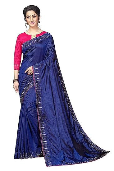 Market Magic World Womens Sana Silk Stone Studded Saree with Contrast Blouse