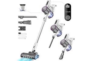 GEVI CLEANER Cordless Vacuum Cleaner for Home | 400W Powerful Stick Vacuum | Long Runtime Detachable Battery | LED Display | Deep Clean for Hard Floor Carpet (White-Purple)