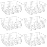 Redrubbit Wire Storage Baskets, Large Farmhouse Metal Freezer Basket Storage Organizer Bins with Handles for Kitchen Cabinets, Pantry, Closets, Bedrooms, Bathrooms, Set of 6, White