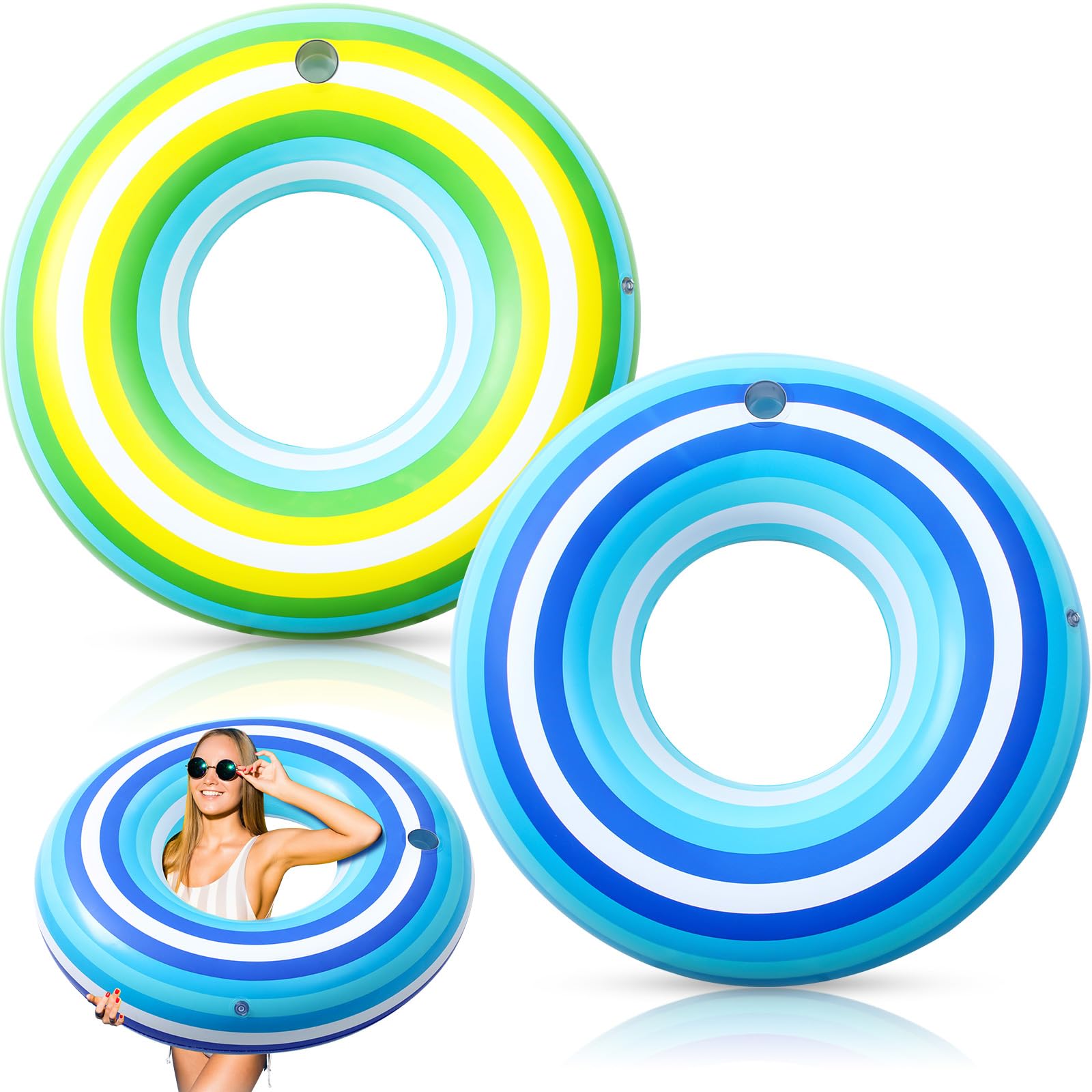 Photo 1 of ShinyRelief 2 Pack 50'' Giant Inflatable Tube Pool Float with Cup Holder Vintage Stripe Large Pool Float Donut Adult Swim Rings Round Beach floaties for Summer Swimming Party, Yellow Green Blue
