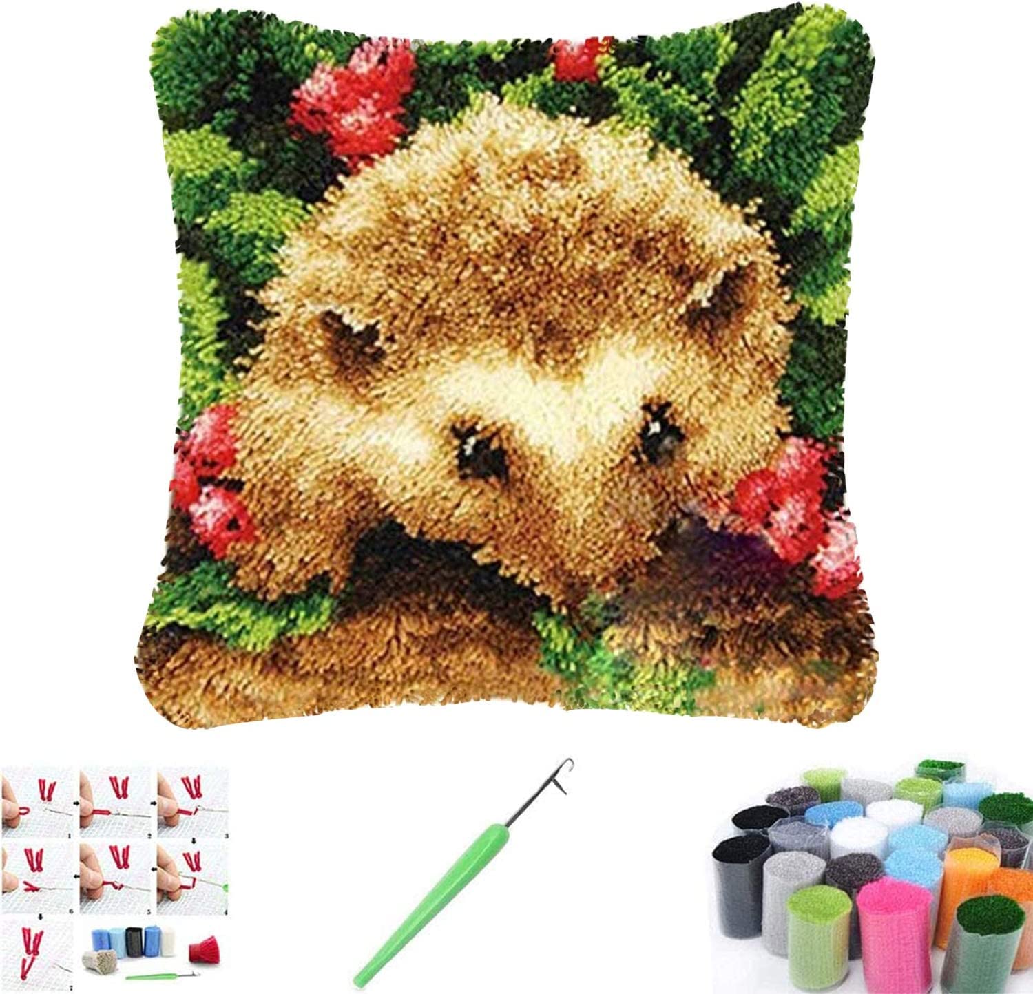 Akls Latch Hook Kits, Latch Hook Rug Making Kits for Adults Kids DIY Decorative Pillowcase Embroidery Cross Stitch Arts Craft for Sofa Home Decor (Hedgehog)