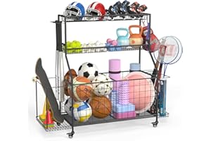 DREAMOAK Sports Equipment Organizer, Garage Ball Storage Racks - Outdoor Toy Storage with 2 Side Racks & Removable Baskets, Heavy-Duty Garage Rolling Ball Cart with Wheels, Hooks for Sports Gear, Toys