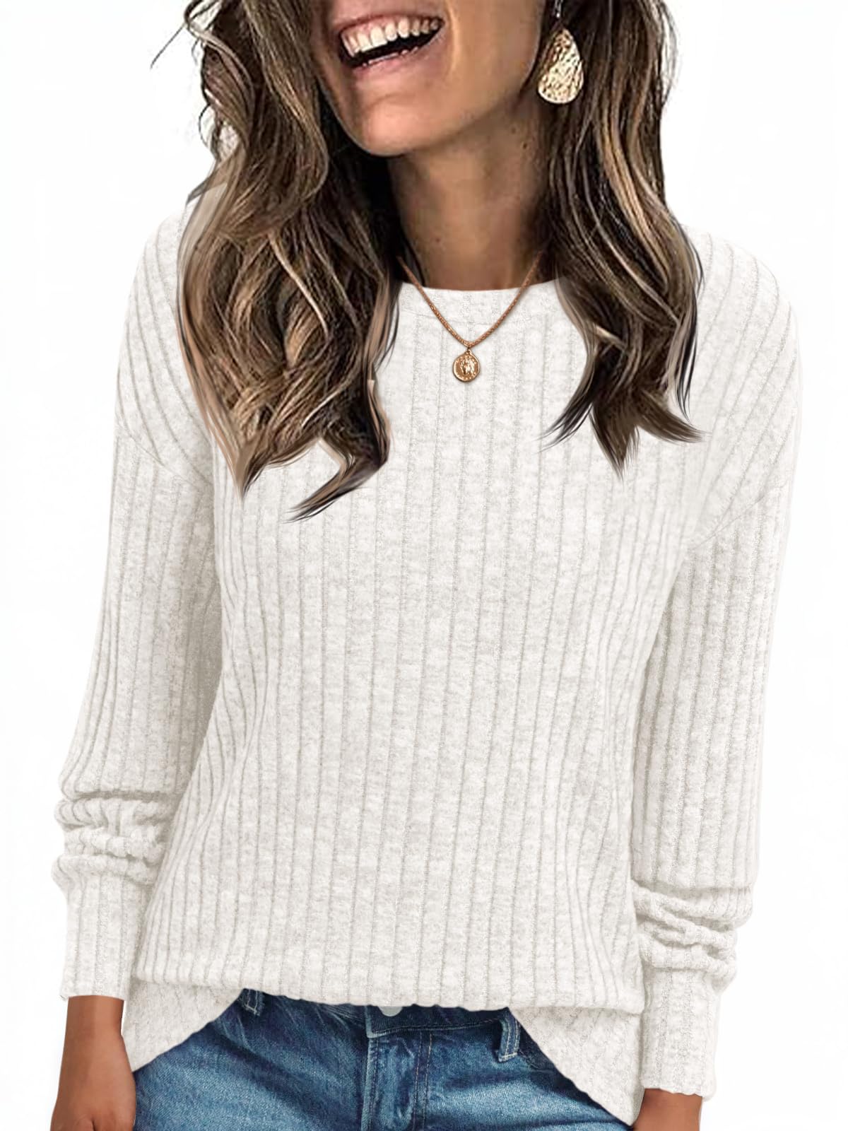 Cicy Bell Women's Long-Sleeved Shirt Lightweight Knitted Jumper Henley Shirt Dressy Casual Crew Neck Sweatshirt Loose Fit Tunic Tops