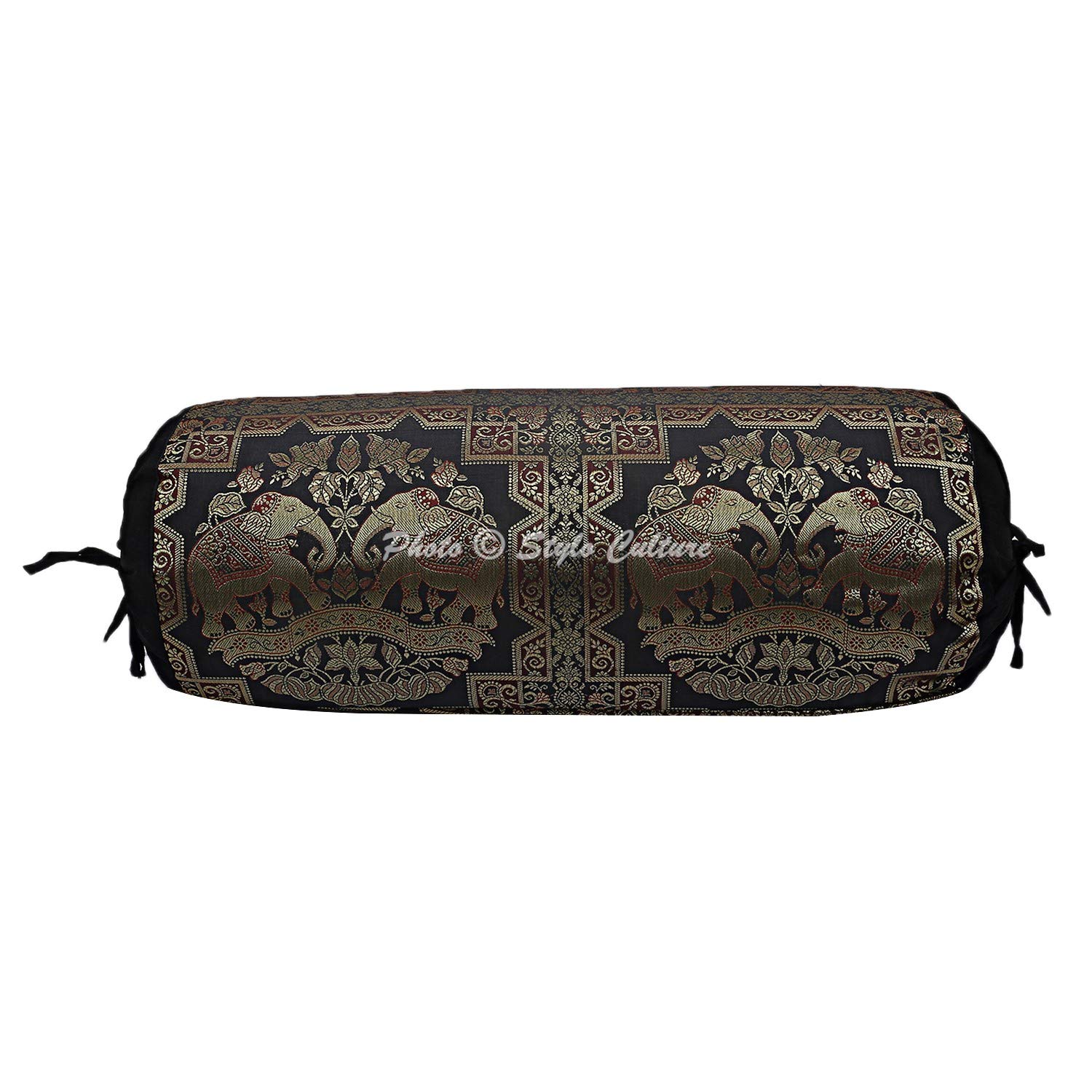 Stylo Culture Indian Polydupion Cylindrical Yoga Bolster Pillow Cover Black Gold Cylindrical Round Brocade Large Sofa Round Cylinder Pillows Cases (1 Pc) | 30x15 Inches (76x38 cm)