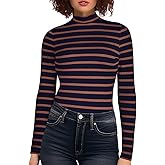 Zengjo Striped Turtleneck Women Long Sleeve Shirt - Fitted Ribbed Mock Neck Basic Layering Undershirt