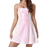 Allegra K Women Sequin Mini Dresses Party Club Adjustable Spaghetti Strap Festival Outfits Sparkly Disco Dress
