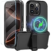 CONWOE Magnetic for iPhone 16 Pro Max Case,with Belt Clip,[Compatible with Magsafe] W/Tempered Glass Screen Protector,Anti-Drop,Shockproof,Heavy Duty Protection (Black)