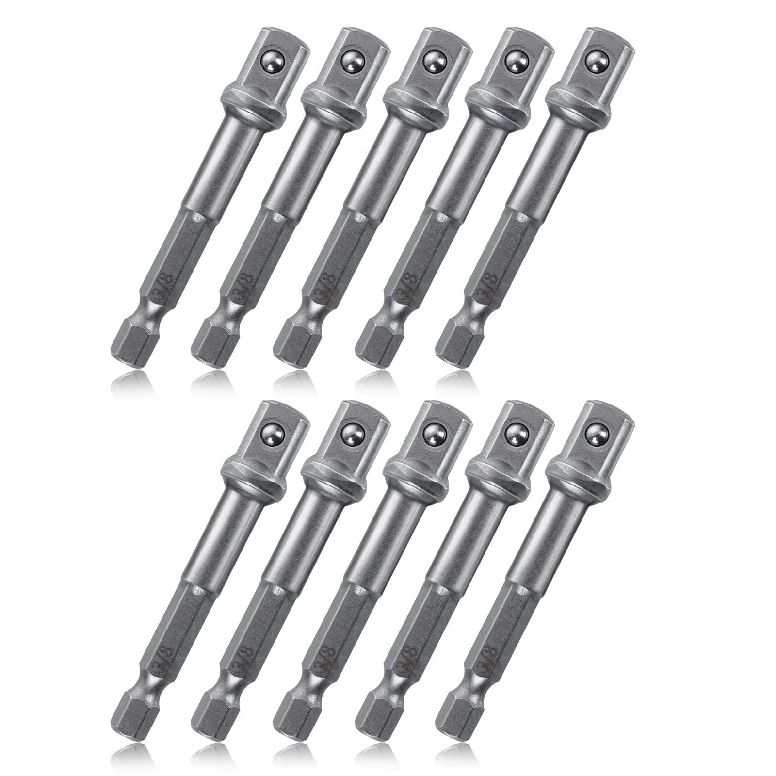 TA-VIGOR 10Pcs Impact Adapter Square Socket Bit Adapter, 1/4 Inch to 3/8 Inch Hex Impact Socket, 65mm Length Extension Socket Driver Bits for Automotive DIY