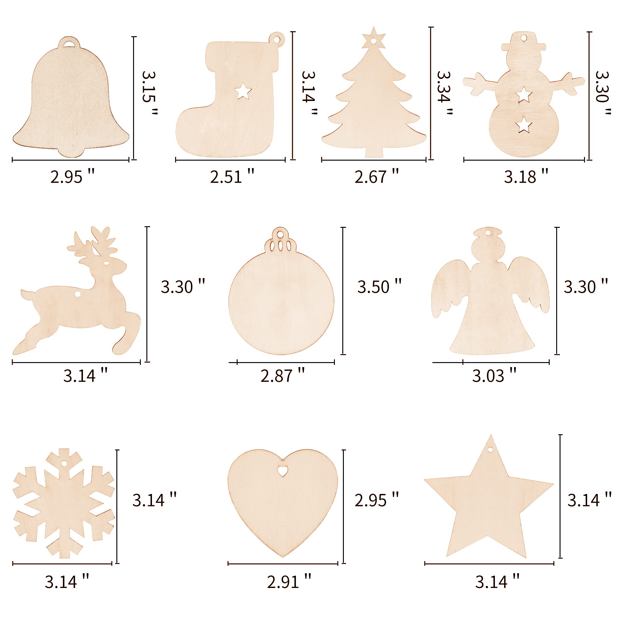 Max Fun 100PCS DIY Wooden Christmas Ornaments Unfinished Predrilled Wood Circles for Crafts Centerpieces Holiday Hanging Decorations in 10 Shapes