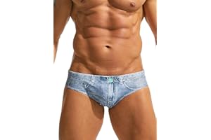 MIZOK Mens Denim Print Swim Briefs Funny Beach Swimwear Swimsuit