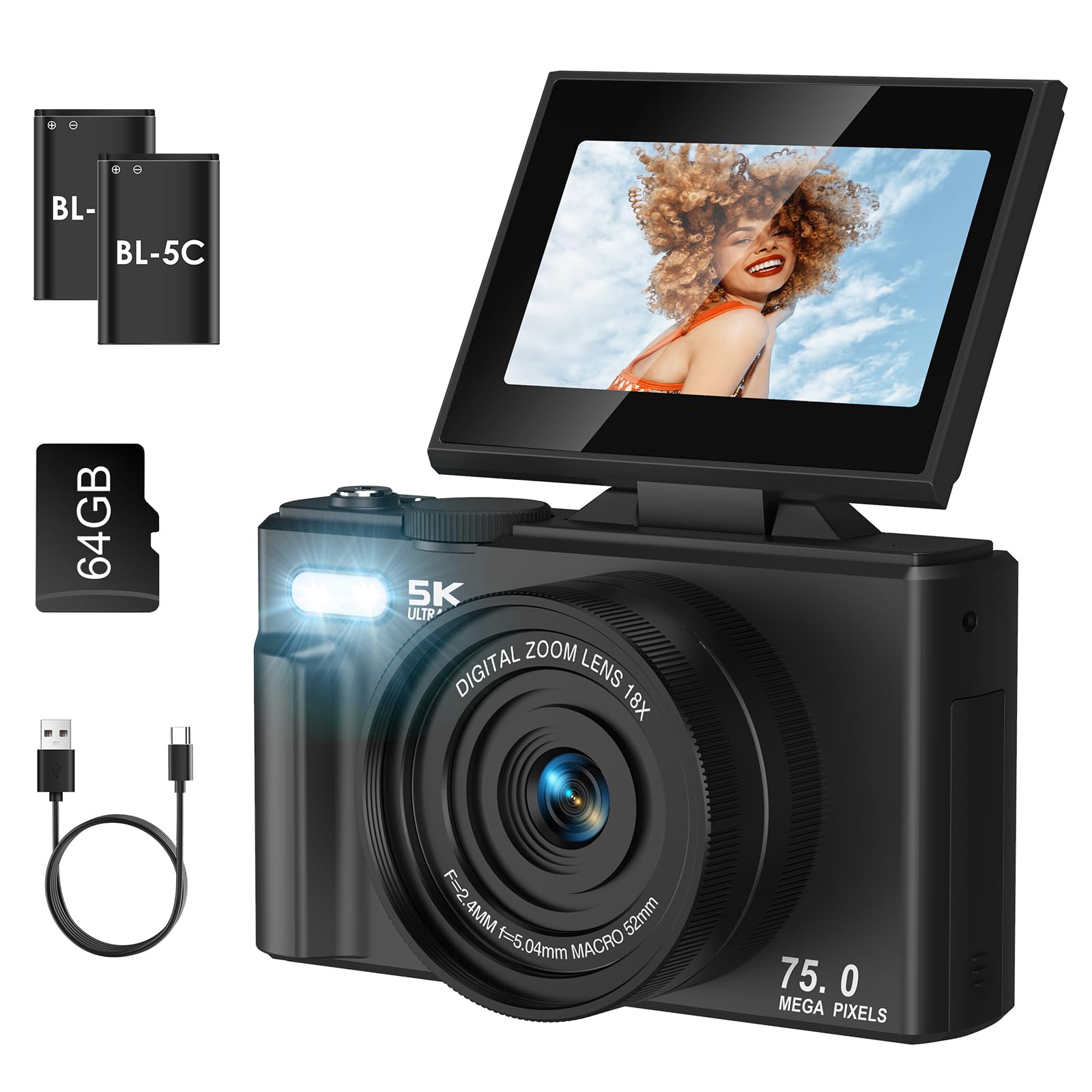 Digital Camera, LAMA 5K 75MP Autofocus Vlogging Camera with 64G SD Card, Compact Camera with 3.0 Inch 180° Flip Screen, 18X Digital Zoom Cameras for Kids, Teenagers, Beginners, Adults Black