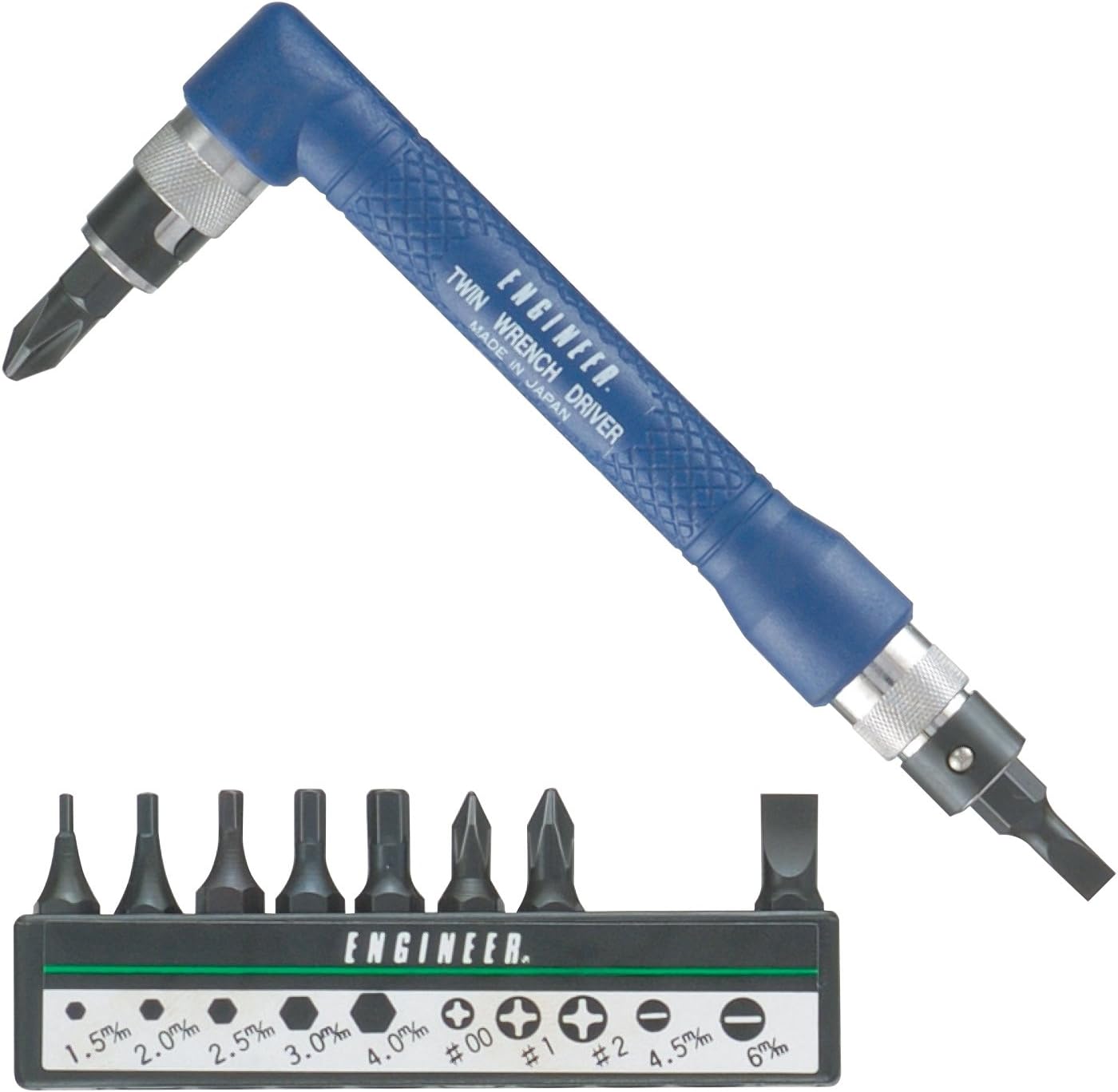 Double Ended Angled Screwdriver with Assorted bits ('Twin Wrench' Driver). Made in Japan. ENGINEER dr-07, Red / Black