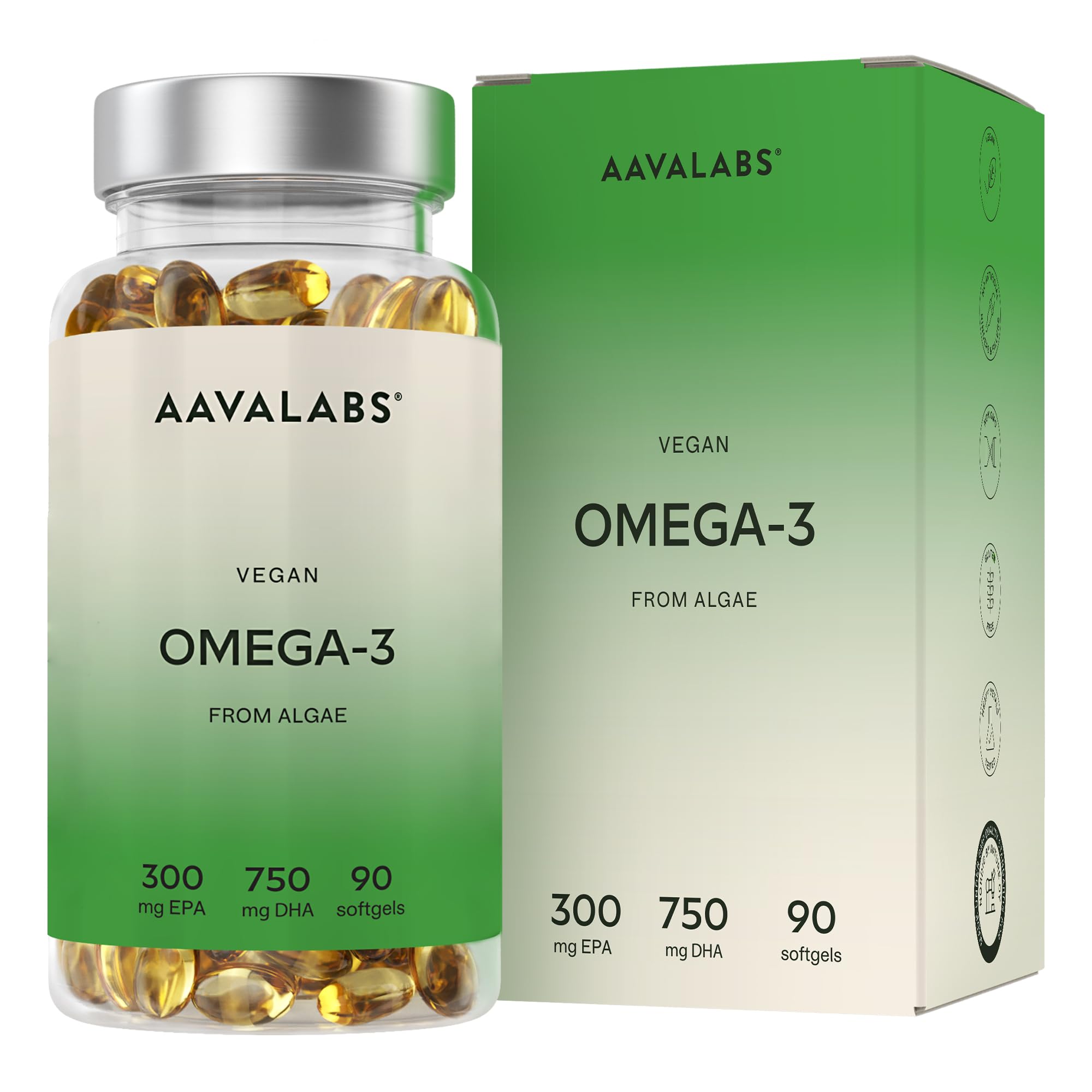 High Strength Vegan Omega 3 Capsules - 1500mg - 750mg DHA and 300mg EPA per Daily dose of 3 Softgels - 90 Omega 3 Vegan - from Sustainable Plant-Based Algae Oil