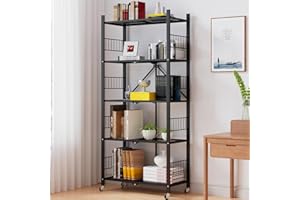 MOLYHOM Folding Storage Shelves, 5-Tier/4-Tier/3-Tier Metal Collapsible Shelves with Wheels, Shelving Units and Storage Rack, Rolling Shelf No Assemble.