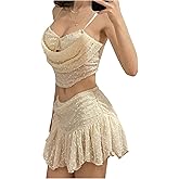 SHENHE Women's 2 Piece Mini Skirt Set Draped Low Cut Crop Cami Top Low Rise Ruffle Skirt Set