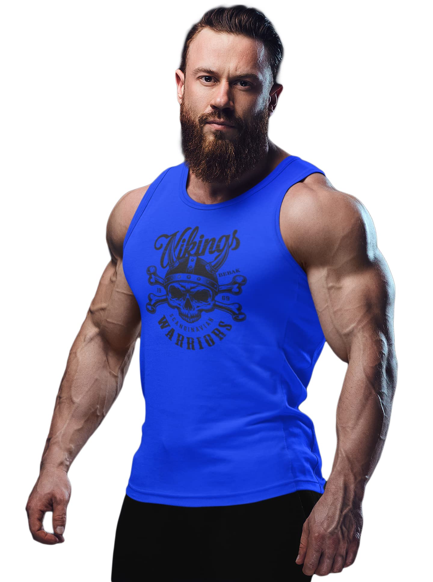 bebak Mens Gym Vest | Gym Clothes for Men Viking Warrior Design Ideal Gym Top for Bodybuilding Strongman MMA CrossfitT Shirts (as8, Alpha, m, Regular, Regular, Bjorn Blue)