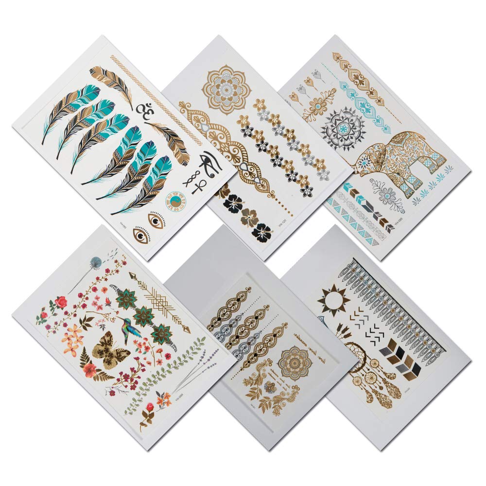 TempiTats - Lilith Goddess Temporary Metallic Henna Gold Tattoos Collection for Men & Women (6 Sheets). Trendy Festival Accessories and Great for Bachelorette, Birthday or Costume Parties